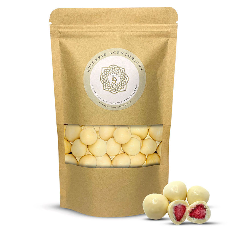 Fraises lyophilisées enrobées de chocolat blanc